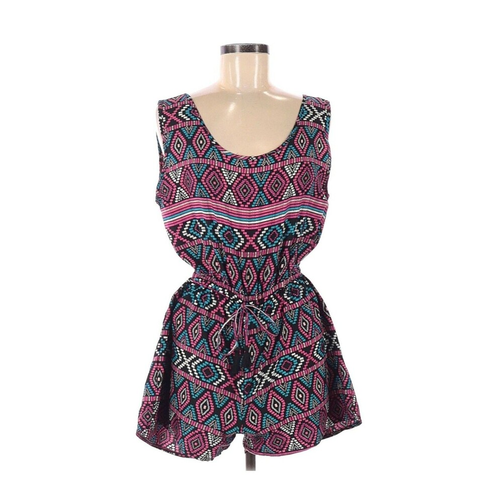 Tribal Romper Womens Large Pink Blue Cinched Waist Scoop Neck Shorts Sleeveless